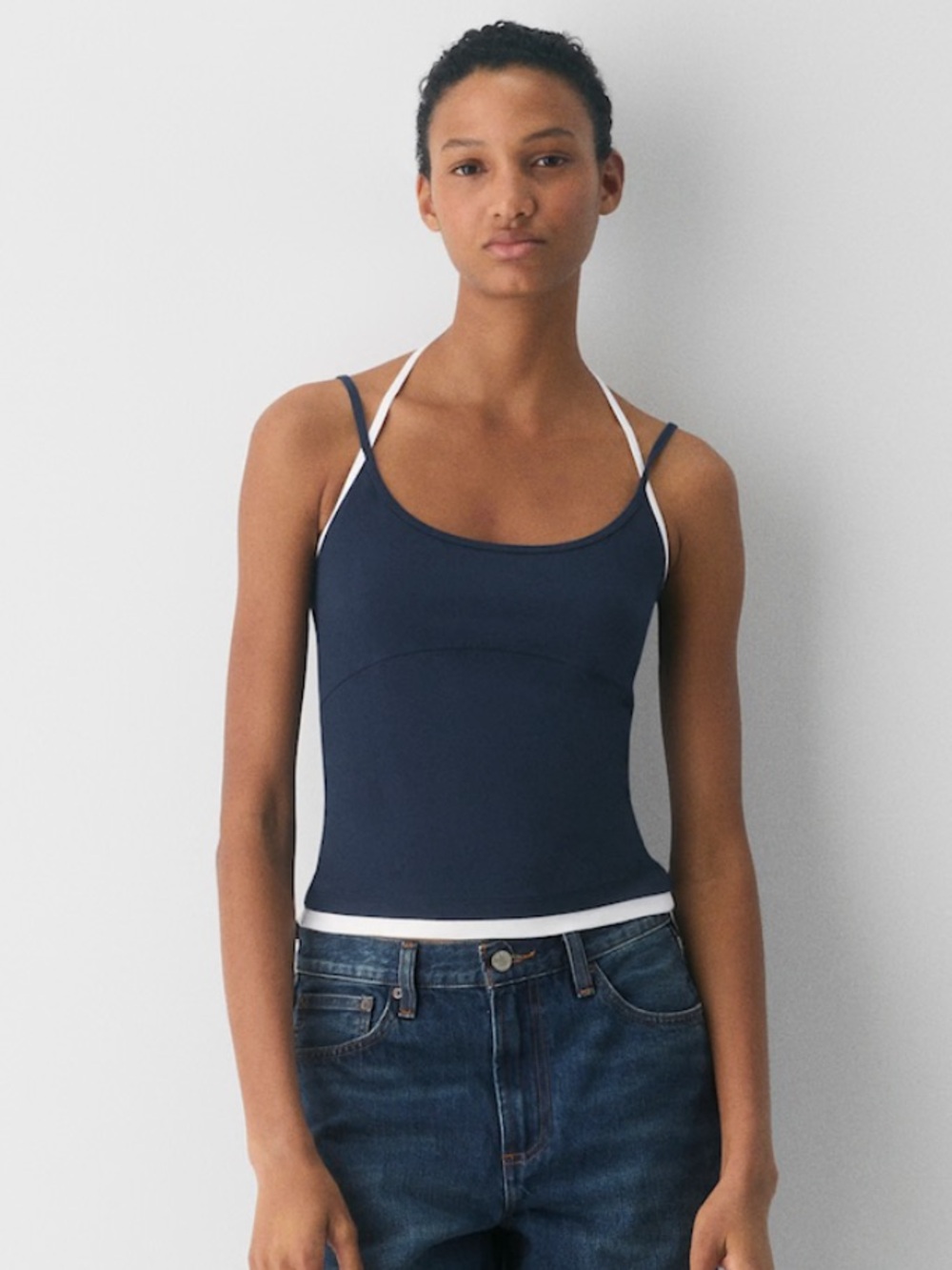 Aritzia HomeStretch Smooth Juke Halter Top Admiral Blue/White, Size XL NWOT